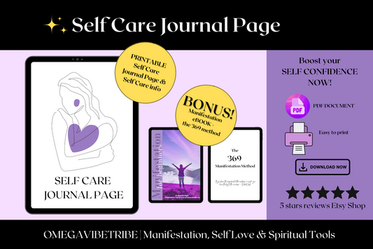 A page that shows the cover of the self care printable journal page and also a bonus that you get when you order, the bonus consists in a manifestation ebook and the 369 manifestation methos