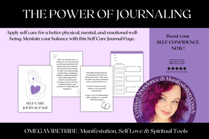 a page that shows the content inside the product and also is accompanied by text that says you boos your self confidence by working with this self care printable journal page. the photo also shows two pages with information on what is self care and how journaling is helping you.