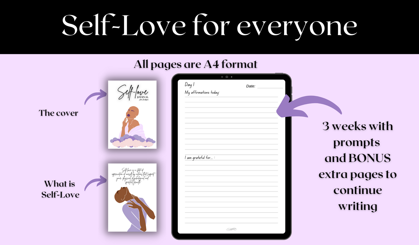 self love is for everyone and all pages are a4 format, you get 3 weeks of journal pages and bonus extra pages to continue writing even after the 21 days