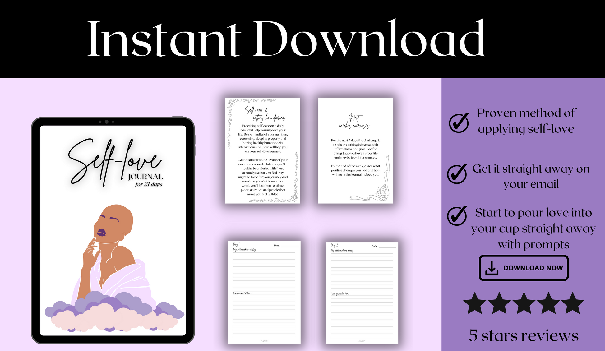 this self love journal is an instant download once you bought it. goes straight to your email and you can print it and use it asap