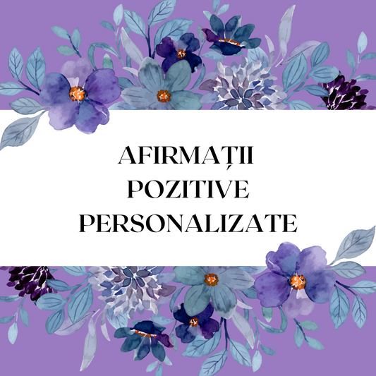 fotografie cu background mov, cu flori si cu scris in mijloc afirmatii positive personalizate