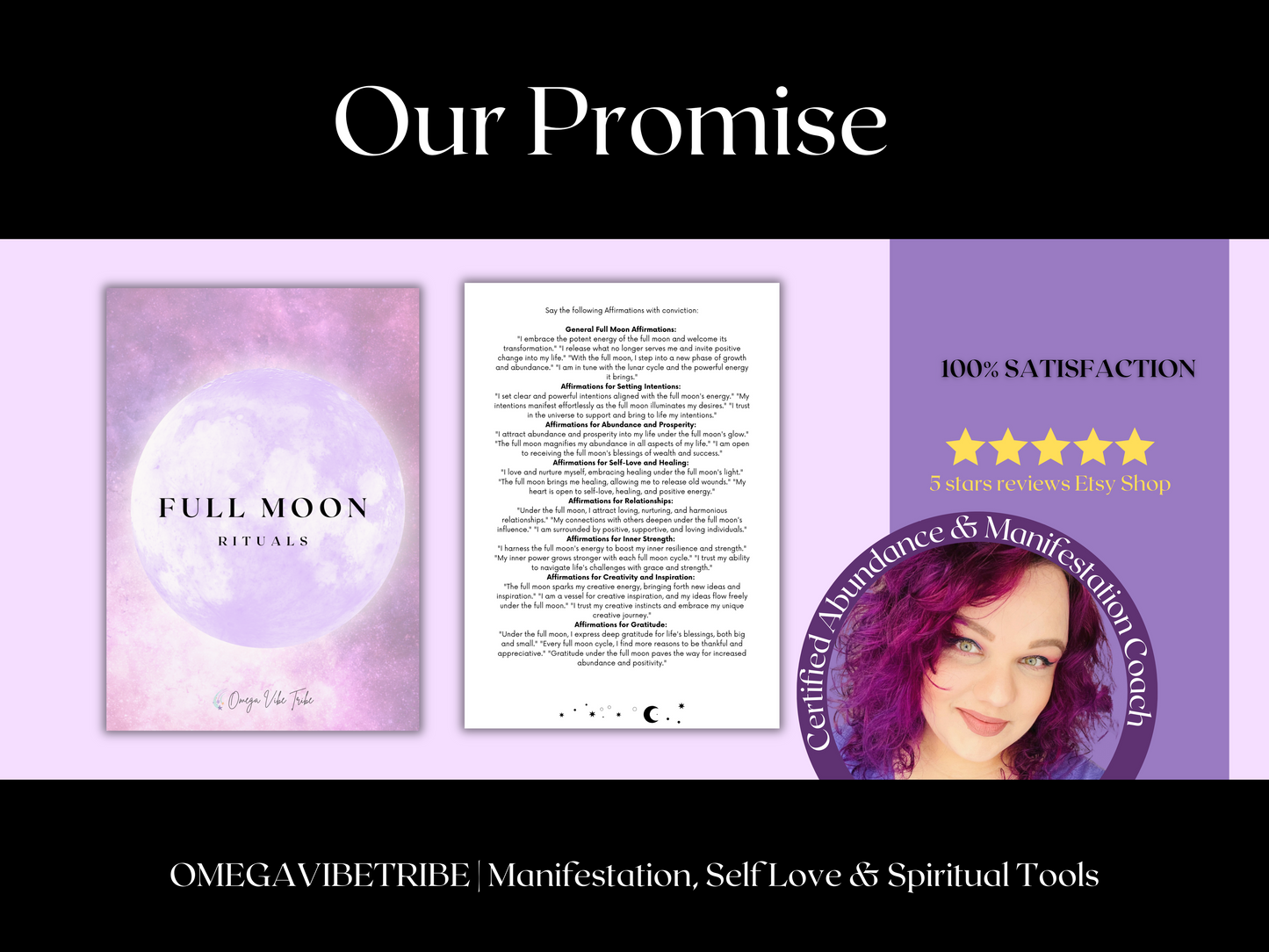 Full Moon Rituals workbook cover and Omega Vibe Tribe one hundred percent satisfaction