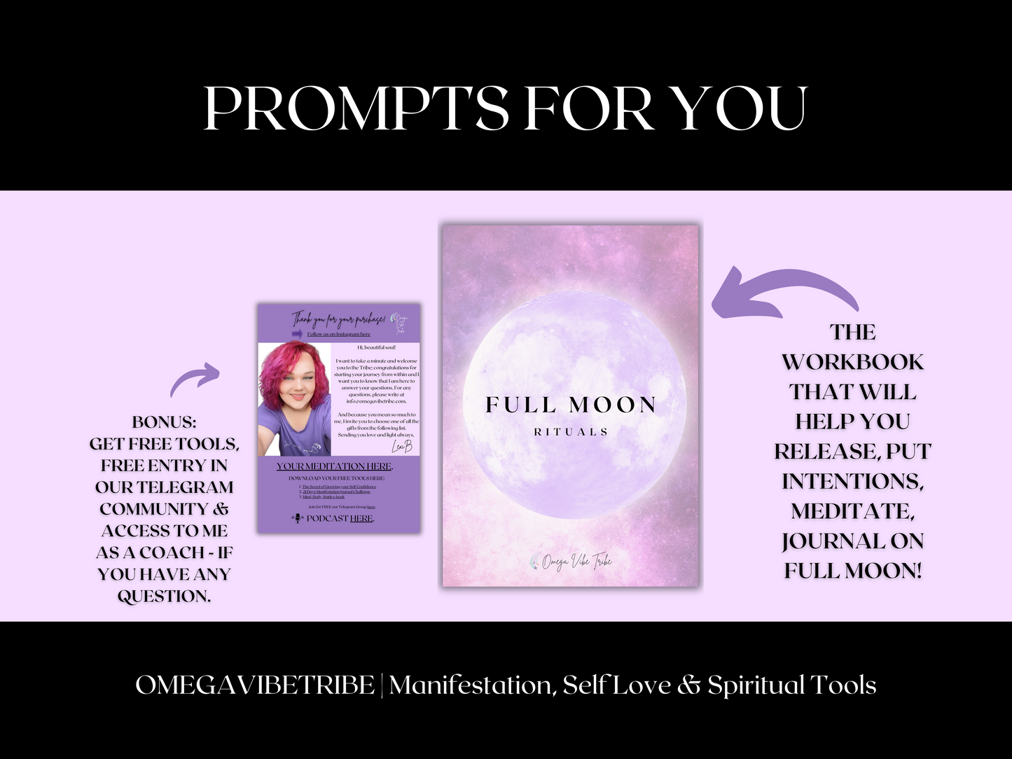 full moon rituals cover of the digital product with information about how it can help, through guided meditation and prompts full moon ritual will help you release and put intentions