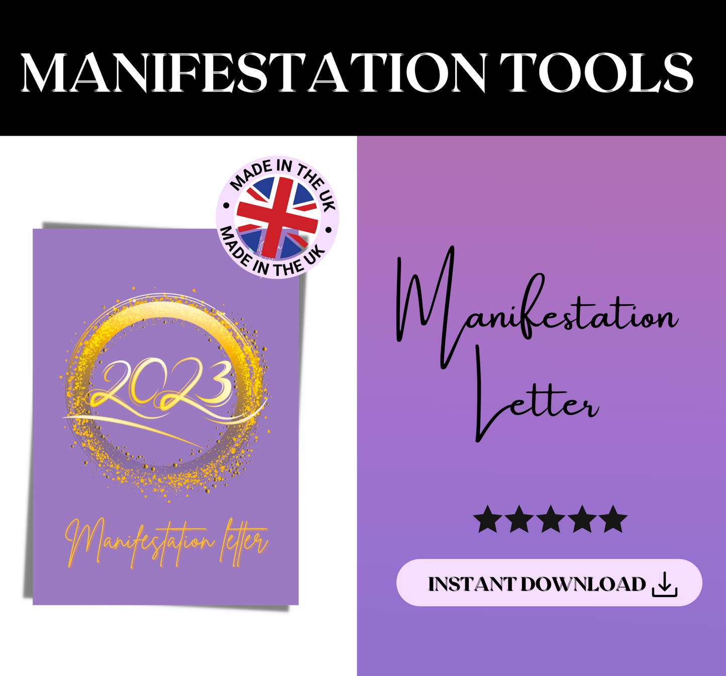 manifestation letter tool features 5 stars feedback, instant download button and made in the UK snippet.
