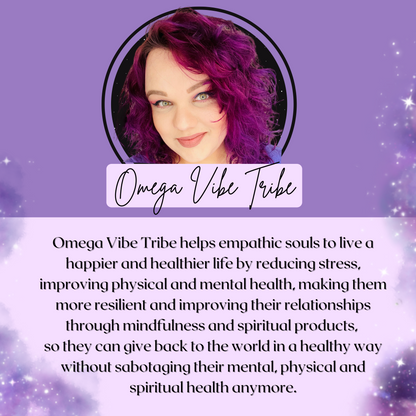 omega vibe tribe info about the company. omega vibe tribe helps empathis souls to live a happier and healthier life by reducing stress, improving physical and mental health, making them more resilient and improving their relationships through mindfulness and spiritual products. The aim is that empath will give back to the world in a healthy way.