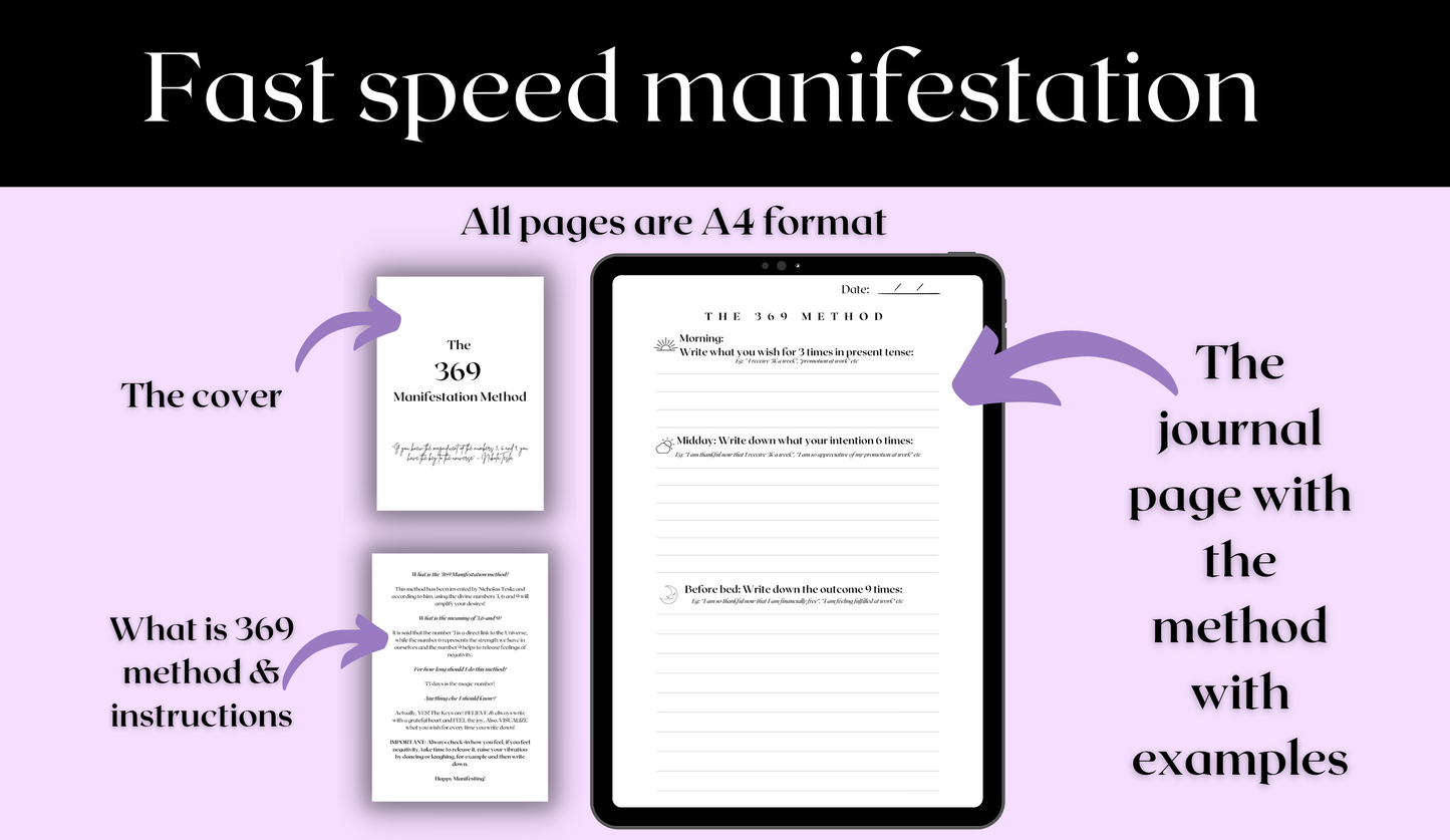 fast speed manifestation with the 369 method. all pages are in A4 format