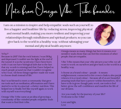 note from the omega vibe tribe founder that says the mission is to inspire and help empathic souls.